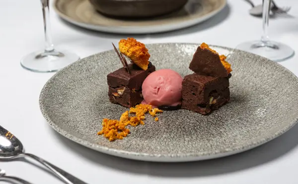 Brownie pieces with raspberry sorbet and honeycomb