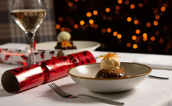 Festive dish in front of Christmas tree
