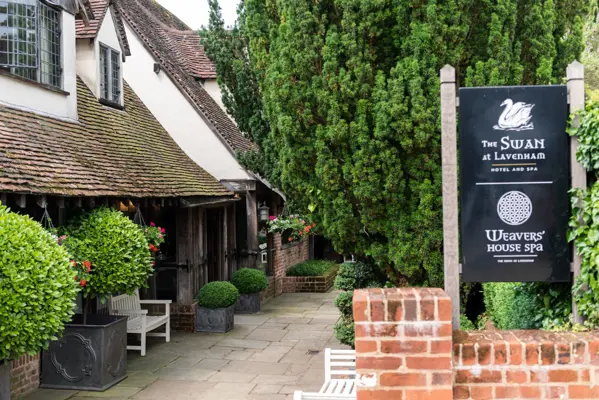 Swan at Lavenham sign from the garden POV