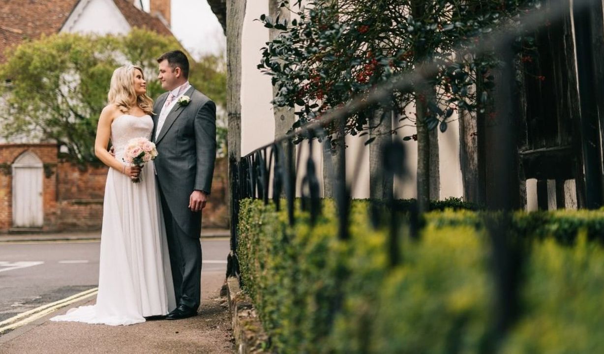 Wedding Photo of Couple Outside Swan at Lavenham