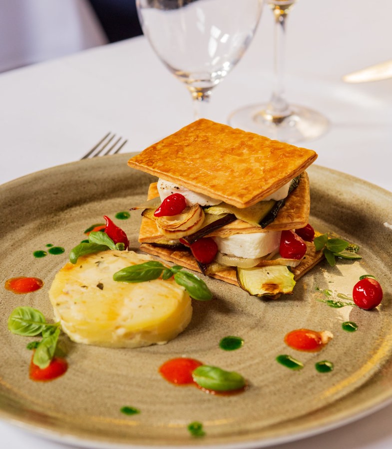 The Swan at Lavenham, Goat Cheese and Provencal Vegetable Mille Feuille