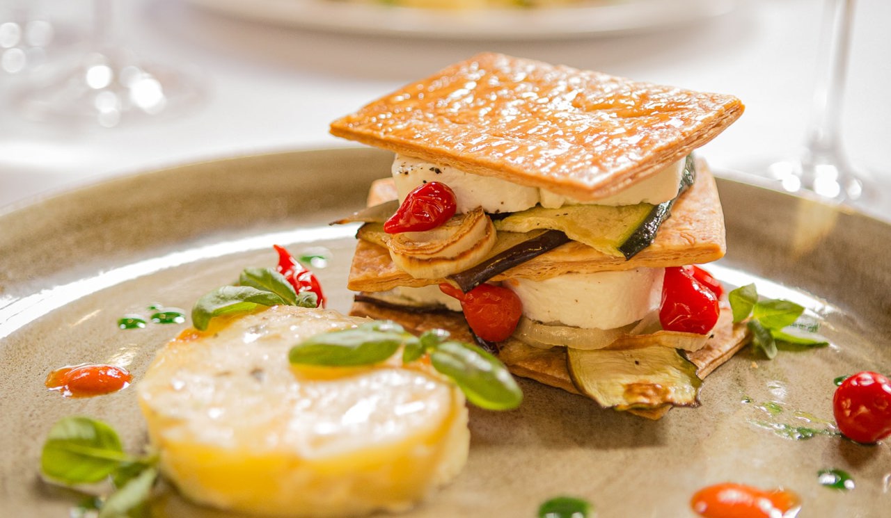 Goat Cheese and Vegetable Mille Feuille Main dish, The Swan at Lavenham