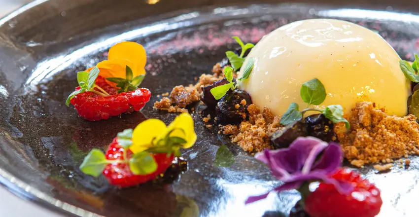 The Swan at Lavenham dessert, White Chocolate Mousse with flower decoration