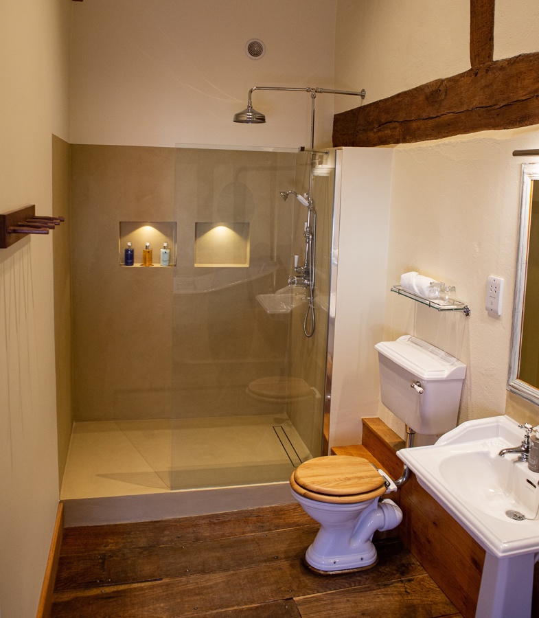 The Priory Suite Lavenham, walk in shower with rainfall shower