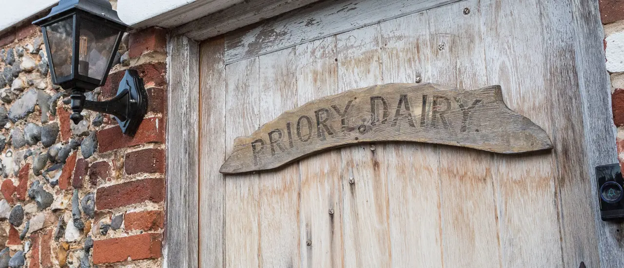 The Priory Dairy, Lavenham, self-catering, door with signage