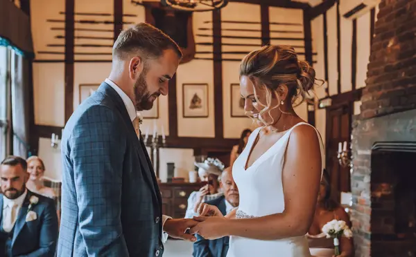 Bride and groom exchanging rings
